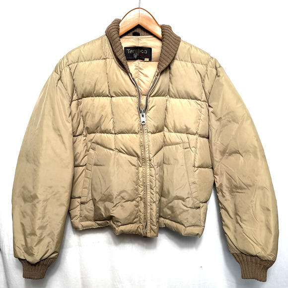 Vintage Tempco Down Puffer Jacket Men's Size M 1960s Beige Tan Retro Outerwear - Picture 1 of 12